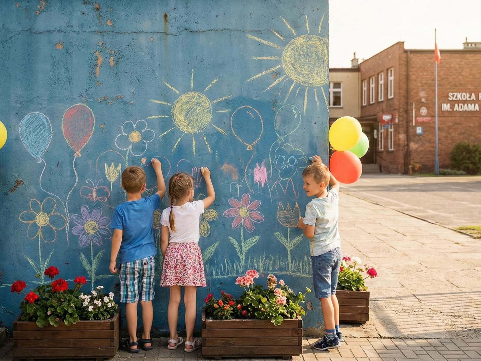 Uczniowie szkoły podstawowej piszą kredą na tablicy w jasnej klasie