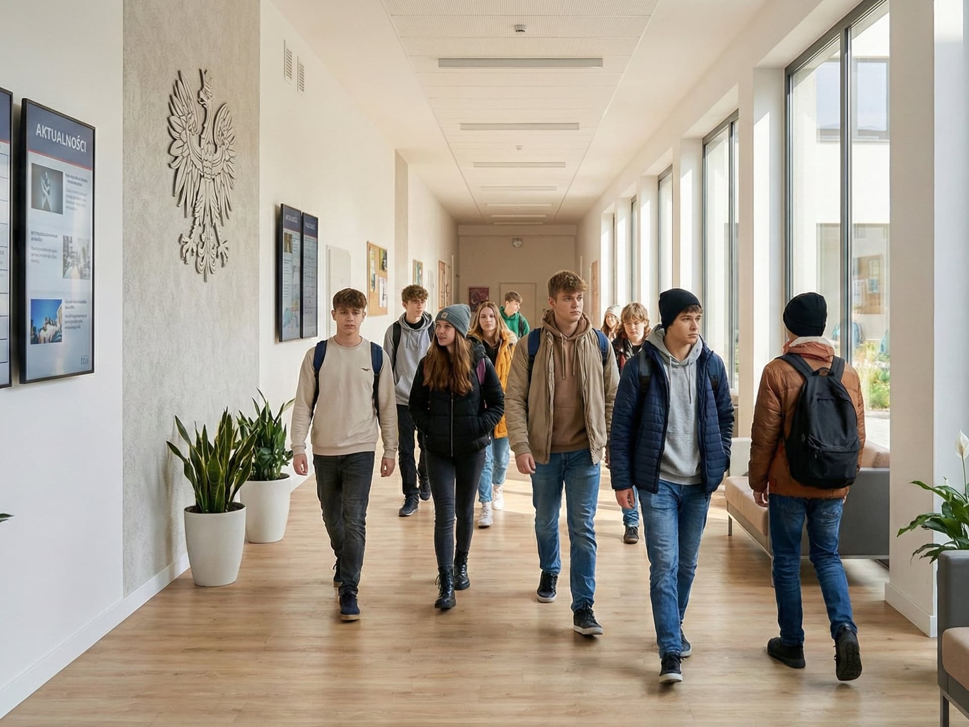 Uczniowie liceum w korytarzu nowoczesnej polskiej szkoły z godłem i plakatami aktualności